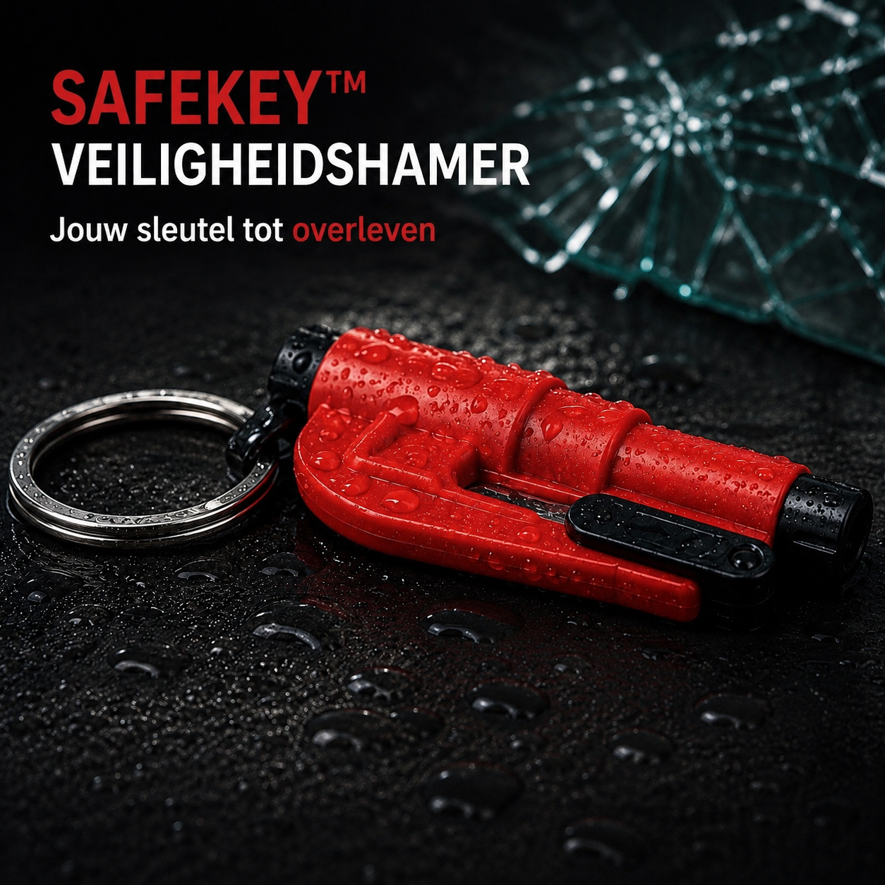 SAFEKEY™ Veiligheidshamer Sleutelhanger – Ruitbreker & Gordelsnijder in Één