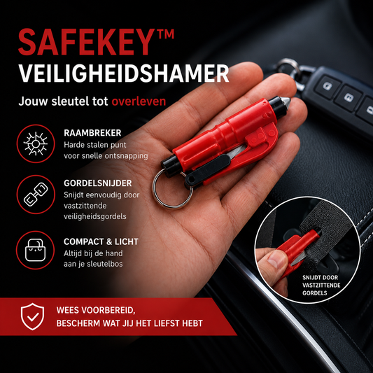 SAFEKEY™ Veiligheidshamer Sleutelhanger – Ruitbreker & Gordelsnijder in Één