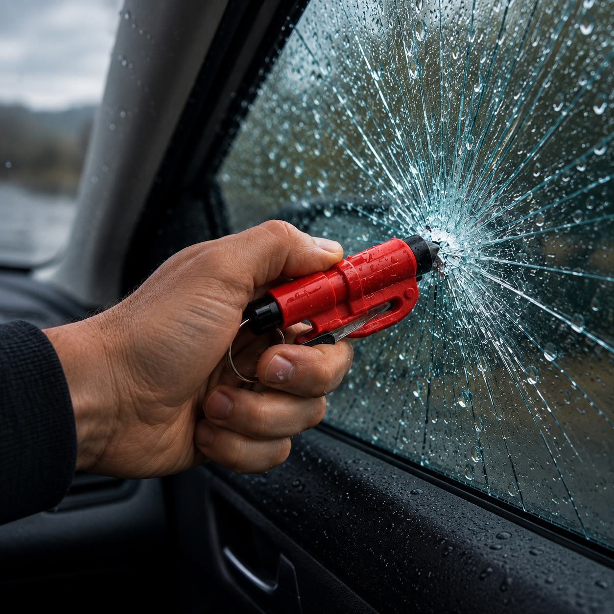 SAFEKEY™ Veiligheidshamer Sleutelhanger – Ruitbreker & Gordelsnijder in Één